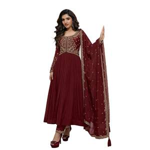 Ensemble Kurta Anarkali en soie mélangée brodée pour femmes Trendmalls avec pantalon et dupatta (G335-Maroon) Salwar ethnique pour mariage Coupe régulière - Product Image 1