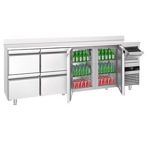 Comptoir de bar réfrigéré commercial PREMIUM - 2690x600mm - 775L - avec 2 portes et 4 tiroirs, avec étagère supérieure et bac à café - Product Image 1