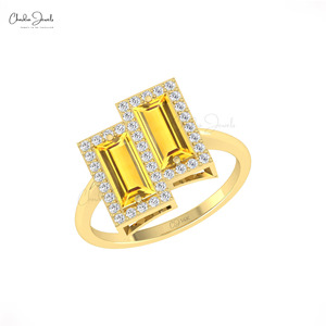 14k Rắn vàng Halo trắng kim cương Nhẫn ODM OEM Citrine đồ trang sức Đôi Halo 8x4mm Baguette cắt 1.8ctw Citrine kim cương Nhẫn - Product Image 4