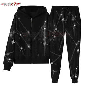 Chándal de dos piezas para mujer con diamantes de imitación brillantes y acabado limpio para viajes o discoteca con cremallera Sudadera con capucha Chándal para mujer - Product Image 1
