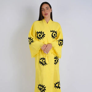 Cárdigan de gran tamaño para mujer Kimono bordado hecho a mano patrón de ojos amarillo manga larga Boho Festival estilo Midi para mujer - Product Image 1