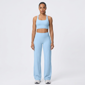 Custom Women's Seamless Yoga Set High Waist Wide Leg <b>Flare</b> <b>Leggings</b> & Racerback Sports Bra Gym Fitness Activewear 2 Piece Set - Product Image 4