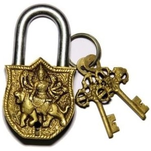 Sherawali Maa Golden Brass <b>Padlock</b> with Keys Functional Working Brass Made Lock - Product Image 1