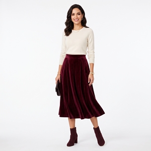 <b>Green</b> <b>Velvet</b> Midi <b>Skirt</b> High Waist A-Line Flare Woven Solid Color Women's <b>Skirt</b> for Casual Vintage Wear - Product Image 2