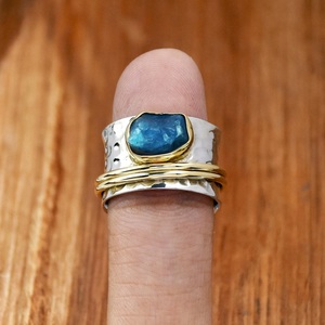 925 Sterling Silver Raw Apatite <b>Spinner</b> <b>Ring</b> Wide Band Hammered Meditation Anxiety <b>Ring</b> for <b>Women</b> Fashion Jewelry - Product Image 1