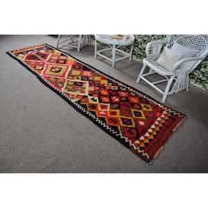 Alfombra Turca de 2.9x10.6 pies, Alfombra Vintage de Lana Marroquí Roja y Azul - Product Image 4