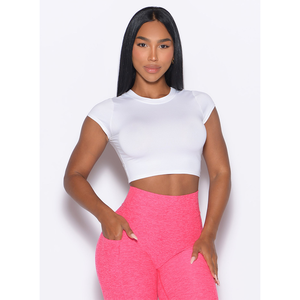 Prix usine blanc femmes Flex Crop Top quatre voies extensible beurre doux respirant Fitness et entraînement haut court t-shirts pour les femmes - Product Image 1