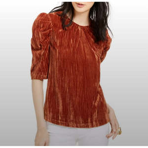 LEYDEN Top de mujer de poliéster con mangas abullonadas de terciopelo arrugado marrón, talla pequeña - Product Image 3