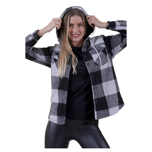 Veste à capuche pour femme - Gris noir à carreaux - Doublure en fourrure - Double poche poitrine - Coupe ample et décontractée - Product Image 3