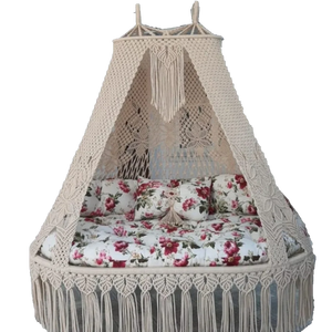 Macramé Hanging Patio Swing Chair Floral Mattress with Cushioned Canopy Outdoor Lounge Furniture Seat 2 People Bohemian Style - Product Image 2