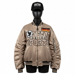 Chaqueta de Satén Premium para Mujer, Tela Suave y Brillante, Color Beige, con Diseño de Logotipo Personalizado Bordado en Chenilla, Chaquetas de Satén para Mujer - Product Image 6