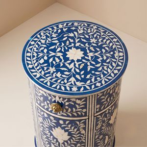 Handcrafted <b>Blue</b> Bone Inlay Round <b>Bedside</b> <b>Table</b> Luxury Nightstand for Bedroom Home Decor Wholesale Furniture - Product Image 3