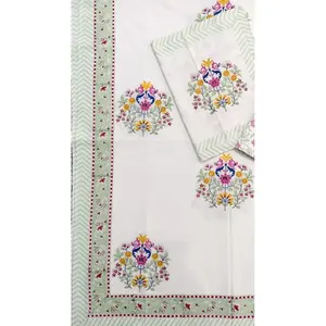 Soft Parcale Cotton 240 TC White Ethnic Motifs Double Bed <b>Fitted</b> & Flat <b>Sheets</b> Set with 2 Pillows Hand Block <b>Printed</b> - Product Image 4