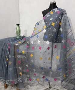 Tendance Deshi Dhakai Jamdani Sharee Qualité d'exportation pour les femmes JAMDANI TISSU Bleu ROUGE VERT Doré Bleu Ciel du Bangladesh - Product Image 2