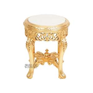 Mesa Auxiliar Redonda de Lujo con Tapa de Mármol Blanco y Marco de Madera con Hojas de Oro Talladas a Mano para Decoración de Muebles de Hogar de Estilo Palacio - Product Image 1