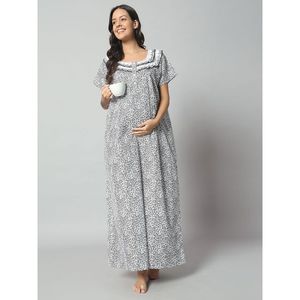 ชุดนอนคลุมท้องผ้าฝ้ายแท้ 100% แขนสั้น ยาวคลุมเท้า ผ้าระบายอากาศ ลายเรขาคณิตที่คอ ดีไซน์หรูหราสำหรับฤดูร้อน - Product Image 1