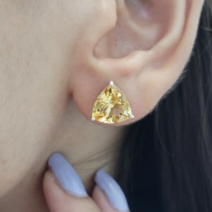 Golden Citrine Trillion Stud Earrings Gold Plated Cute Sterling Silver Handmade Jewelry November Birthstone Party Gift Wholesale - Product Image 2