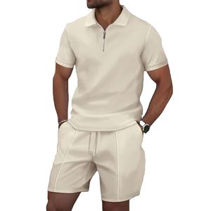 Men's Plus Size New Summer <b>Waffle</b> Short-Sleeve Suit Shorts Solid Color Zip-Up Lapel Two Sets - Product Image 5