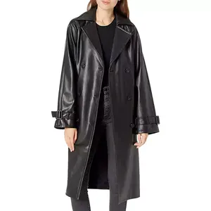 Veste longue à manches longues pour femmes à la mode, en cuir véritable, veste en simili cuir avec poche, tissu denim, 2026 - Product Image 2