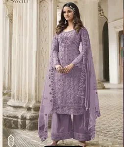 Lưới Bướm Thiết Kế Nặng Với Bộ Đồ Nghề Thêu Salwar Kameez Và Quần Áo Sa Tanh Nhật Bản Với Lưới Bướm Dupatta