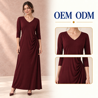 Robe longue personnalisée pour femme, couleur bordeaux foncé, col en V discret, manches trois-quarts, drapé latéral, OEM ODM Marque Privée