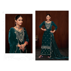 Costume en velours fantaisie de créateur pour femmes en velours pur avec broderie séquentielle incluant le cou et la tenue de fête élégante Daman - Product Image 1