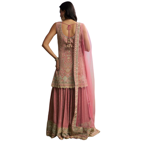 Conjunto de Palazzo floral rosa con Dupatta, venta al por mayor de Ropa Étnica para mujer, proveedor de fábrica de ropa OEM, atuendo de boda personalizado para fiestas - Product Image 5