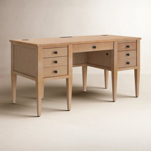 Modern Solid Wood Rectangular Executive <b>Desk</b> with Power Outlets Height Adjustable for Home Office Study - Product Image 2