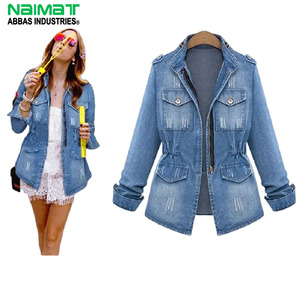 Chaqueta Vaquera Entallada para Mujer con Cordón en la Cintura, Chaqueta de Mezclilla con Cierre Frontal, Manga Larga, Estilo Desgastado - Product Image 1