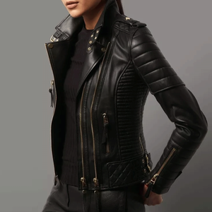 HOT New Women's Gold Zipper Black <b>Jacket</b> 100% Real Lambskin Leather Moto <b>Biker</b> <b>Jacket</b> - Product Image 3