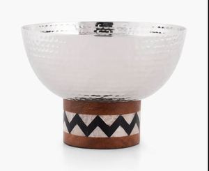 Handmade New Aluminum Metal & Acacia Wood Serving <b>Bowl</b> with Mother Pearl Combination <b>Silver</b> Finish for Party Available Wholesale - Product Image 1