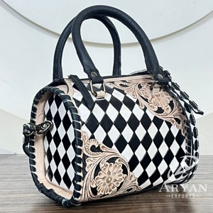 Hand-Tooled Genuine Leather Speedy Duffel Bag <b>Black</b> & White Checkered Pattern <b>Small</b> Travel Crossbody Shoulder <b>Handbags</b> for Women - Product Image 1