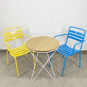 Contemporary <b>Metal</b> Cafe Set <b>Bench</b> & Steel Chair with V-Shape Wood Legs - Product Image 1