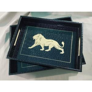 Bandeja de servicio de madera de venta a granel Bandeja de almacenamiento de madera de diseño impreso León de un solo nivel de exportador indio - Product Image 1