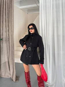 Elegant <b>Black</b> Trench Coat With Belt Stand Collar Full Sleeve Solid Color Autumn Wear Windproof Short Length Women's Coat - Product Image 3