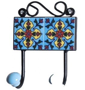 Epic Bravo Rustic Pottery Wall <b>Coat</b> <b>Hook</b> Turquoise Ceramic Tile <b>Cast</b> <b>Iron</b> Material Beads Art CIH 198 High-quality - Product Image 1