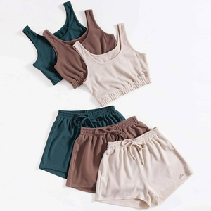 Womens Soft Cotton 2 Piece Lounge <b>Set</b> Sleeveless Crop Tank Top and Elastic Waist Shorts Matching Outfit in <b>3</b> Neutral Colors - Product Image 3