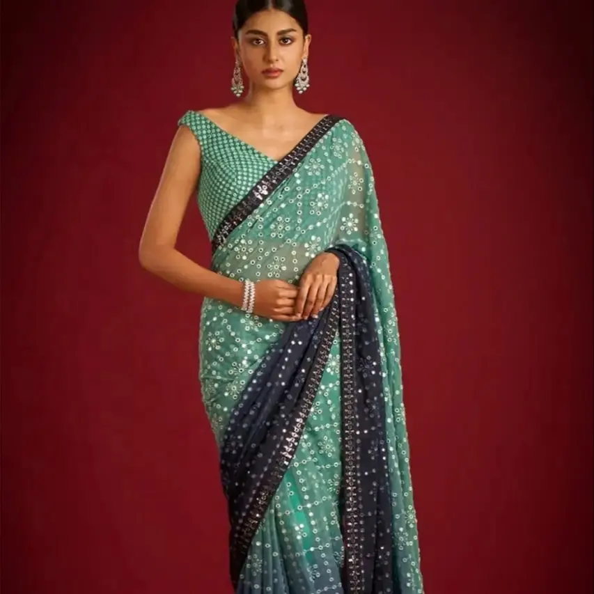 Hermosa verde y azul Mujeres Ropa étnica Sari walima Sari bordado Dama DE HONOR blusa readymade Sari colección