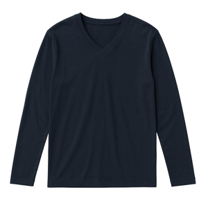 Camiseta de Manga Larga para Hombre, Cuello en V, 100% Algodón Orgánico de Lujo, Color Azul Marino, Preencogida, Certificada por GOTS, Premium, Transpirable - Product Image 1