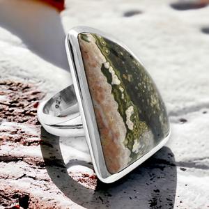 Diseño único 925 plata esterlina Natural océano jaspe piedra preciosa trillón forma elegante anillo hecho a mano Boho joyería regalo de Halloween - Product Image 1