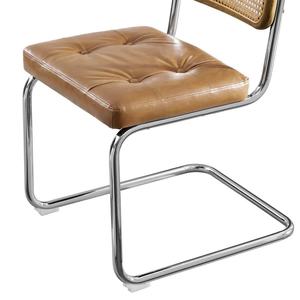 Silla de comedor fabricada en armazón de acero inoxidable con tapizado asiento de cuero Pu y respaldo de madera con mimbre de ratán para uso interior - Product Image 4