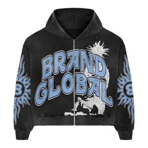 Streetwear personnalisé 500 Gsm poids lourd Vintage lavage à l'acide soleil fané en détresse Patch Applique broderie fermeture éclair strass à capuche - Product Image 6