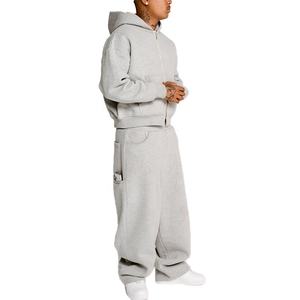 Survêtement ample en coton uni personnalisé pour hommes, pantalon de survêtement et sweat-shirt lourds, vente chaude - Product Image 3