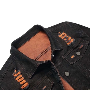 High Quality Men's Black Denim Jacket <b>Slim</b> Ripped Jean Coat with Distressed Style - Product Image 3