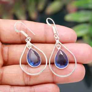 Handmade 925 Sterling Silver Tanzanite <b>Quartz</b> Earring Blue Colour Pear Shape Gemstone Bezel Jewelry Gift - Product Image 1