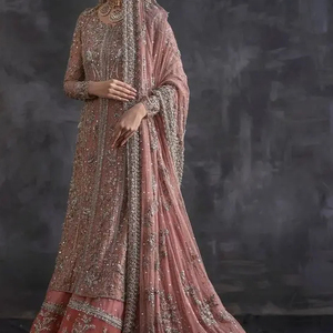 DESIGNER--EMBROIDERY on BRIDAL LONG KURTA, LEHENGA WITH <b>DUPATTA</b> DRESS Embellished WITH CRYSTAL GLASS BEADS,STONE,DABKA Work@2023 - Product Image 1