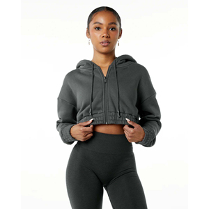 Jersey recortado de gran tamaño clásico para mujer, con capucha y cremallera completa Sudadera, estilo de hombro caído con capucha, 55% algodón, 45% Spandex, Invierno - Product Image 1