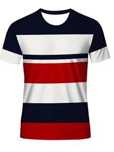 T-shirt à rayures imprimé numérique grande taille pour homme, rayures bleu marine et rouge, vêtements pour homme, col rond, manches courtes, vêtements décontractés et sportifs - Product Image 5