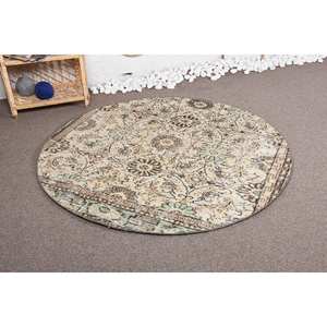 Tapis turc vintage classique beige vert 4.7x4,7 pieds grande surface patchwork motif laine avec support en latex pour couloir chambre - Product Image 2