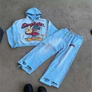 Style frais fabricants OEM Logo personnalisé hommes sweats à capuche et pantalons empilés en détresse impression droite Vintage Streetwear survêtements - Product Image 2